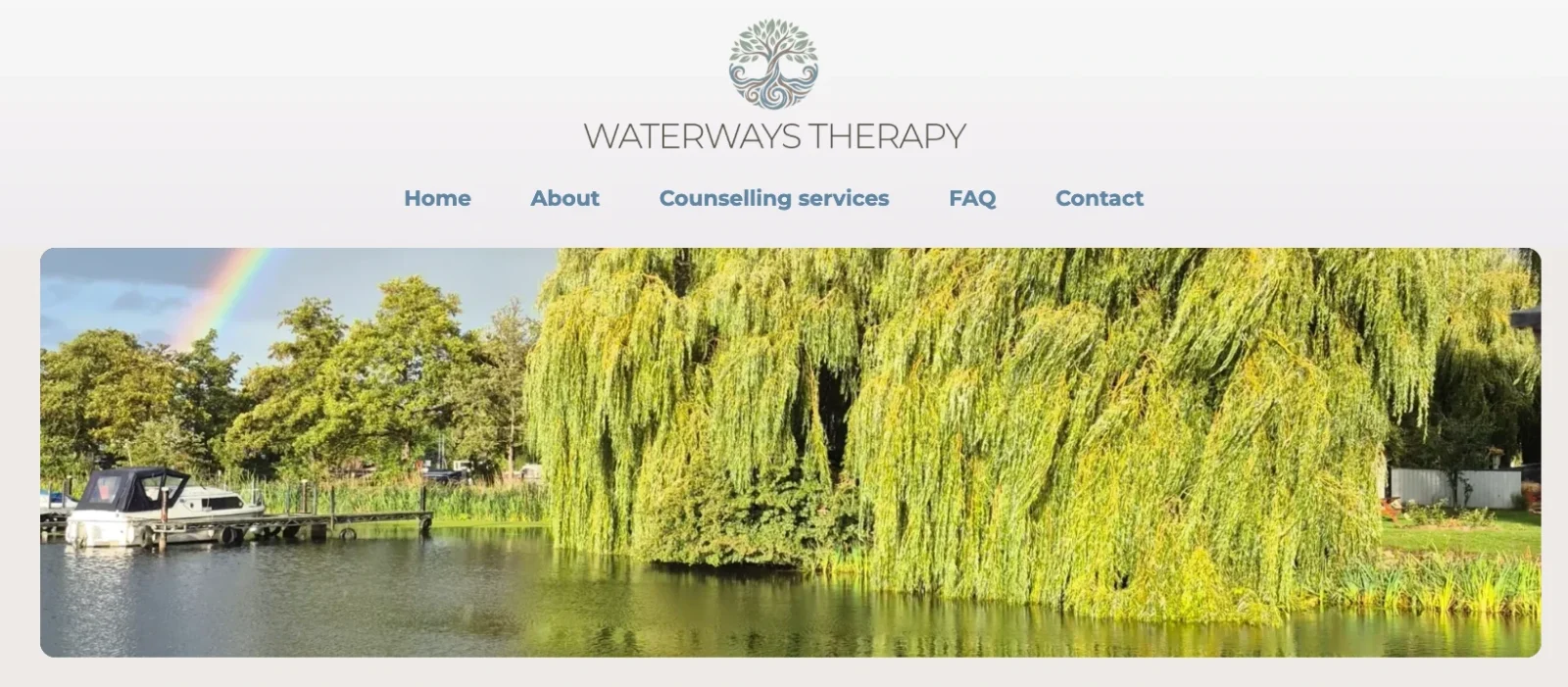 screenshot of web design for a counsellor, showing water and huge tree